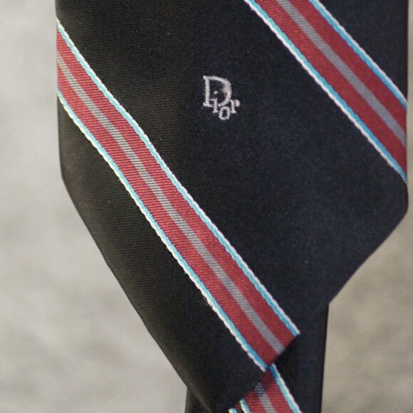 Vintage Christian Dior Neck Tie Mens Red Blue Stripe 100% Silk Made in Paris - Picture 2 of 3